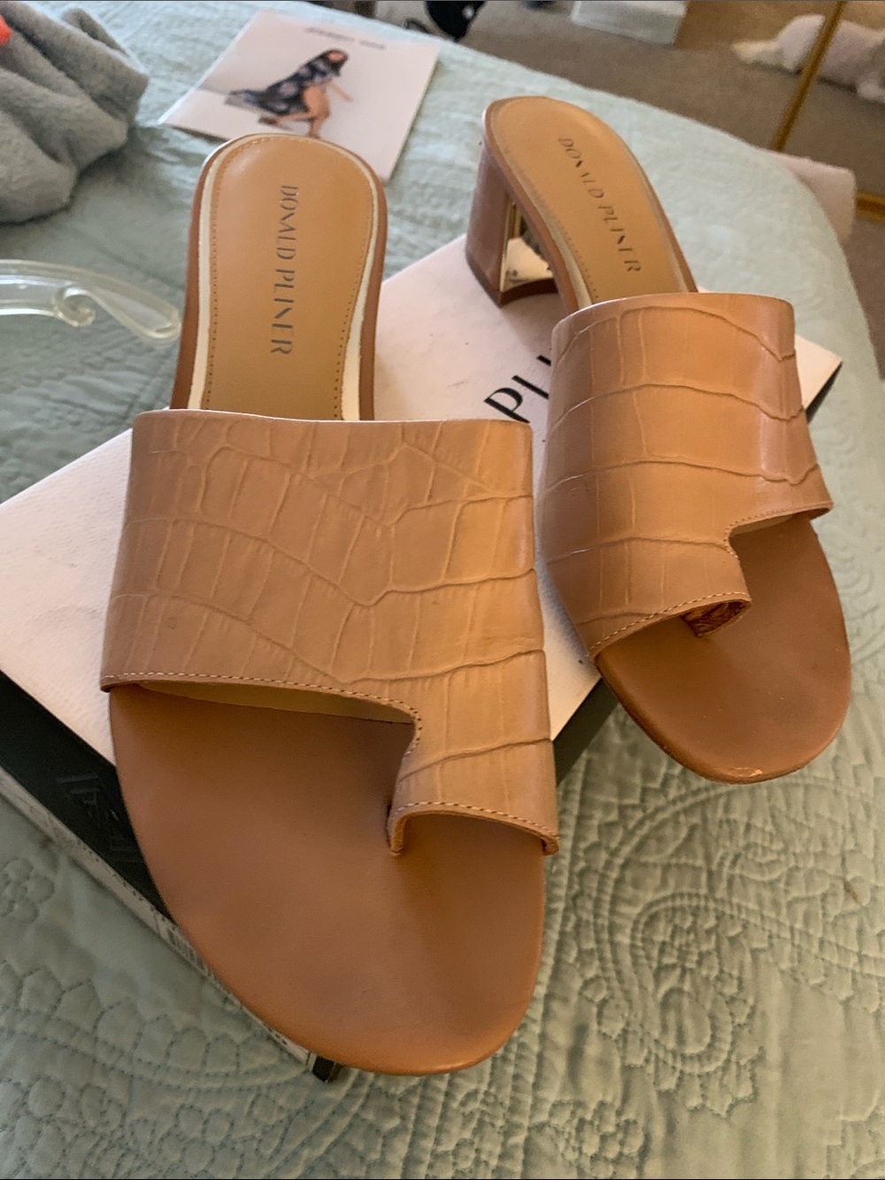 Donald J. Pliner Tan Croc-Embossed Slide Mules